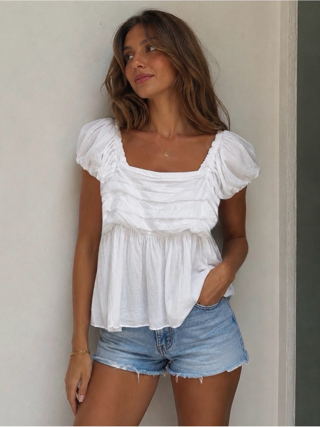 Abercrombie Emerson Puff Sleeve Pleated Peplum Top In White